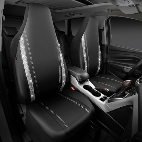 CAR PASS Leather Car Seat Covers Front Two Tesla Model 3 Model Y, Bling Waterproof Universal fit High Back Bucket Diamond Shining Glitter Crystal Sparkle, Truck SUV Cute Women Girl, Silver Rhinestone - color: Silver Rhinestone, size: Two Front Seats