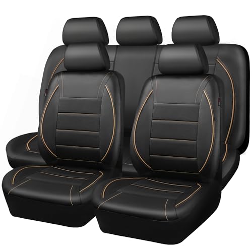 CAR PASS Universal FIT Piping Leather Car Seat Cover, for suvs,Van,Trucks,Airbag Compatible,Inside Zipper Design and Reserved Opening Holes (Full Set, Black and Beige) - color: Beige Black