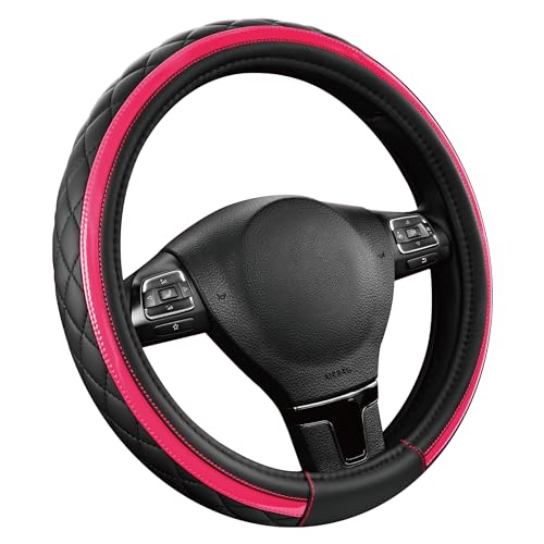Road Comforts Leather Steering Wheel Cover – Black & Hot Pink, Universal Fit 14.5-15 Inch, Microfiber Leather, Anti-Slip & Breathable Design for Men and Women - color: Hot Pink