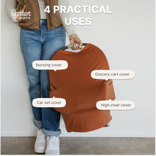Parker Baby 4 in 1 Car Seat Cover for Girls and Boys - Stretchy Carseat Canopy, Nursing Cover, Grocery Cart Cover, High Chair Cover - “Clay” - color: Clay