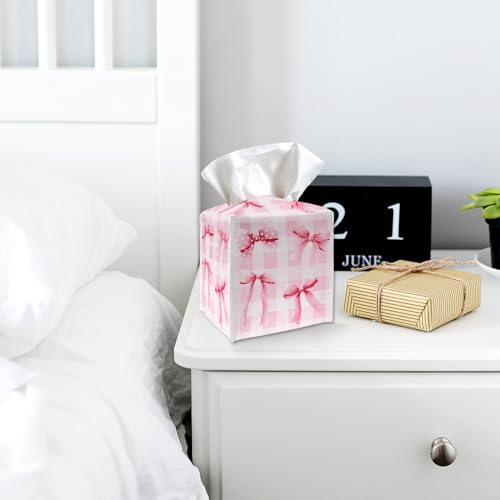 Tissue Box Cover Holder - Pink Bows Checkerboard PU Leather Tissue Box Cover with Bottom Belt, Square Facial Paper Organizer for Tabletop, Bathroom, Kitchen, Car & Office -046 - color: Pink Bows