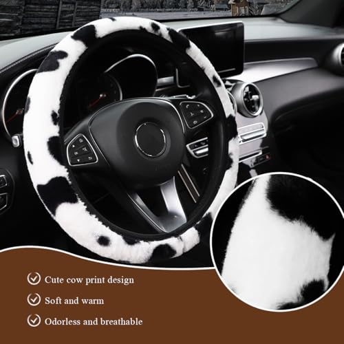 Cow Print Car Steering Wheel Cover, Cute Cow Print Anti-Slip Plush Wheel Protector for Winter Warm, Soft Fluffy Comfortable Grip Printed Wheel Covers for Women Girls - color: Steering Wheel Cover