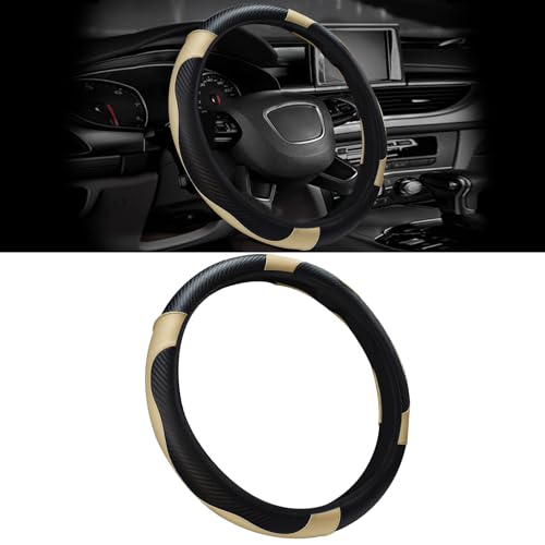 Car Steering Wheel Cover, 15 inch Carbon Fiber Microfiber PU Leather Elastic Steering Wheel Protector for Unisex, Anti-Slip Breathable Car Interior Accessories for Most Cars (Beige) - color: Beige