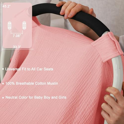 100% Muslin Cotton Car Seat Cover Baby, Carseat Canopy Cover, Universal Fit Stroller Covers for Boys and Girls (Pink) - color: pink