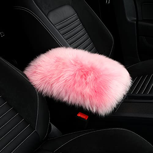 LLB Auto Center Console Cover Pad Universal Fit for SUV/Truck/Car, Genuine Sheepskin Wool Fur Car Armrest Seat Box Cover, Furry Fluffy Auto Armrest Cover Protector (Pink) - color: Pink