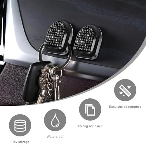 4 PCS Bling Car Mini Hooks, Cute Rhinestone Adhesive Back Seat Auto Hangers, Multifunctional Crystal Hanging Storage Hook for Vehicle Dashboard Wall Hat Coat Towel Key (Black) - color: Black