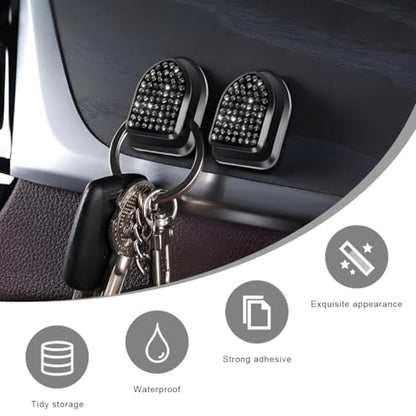 4 PCS Bling Car Mini Hooks, Cute Rhinestone Adhesive Back Seat Auto Hangers, Multifunctional Crystal Hanging Storage Hook for Vehicle Dashboard Wall Hat Coat Towel Key (Black) - color: Black