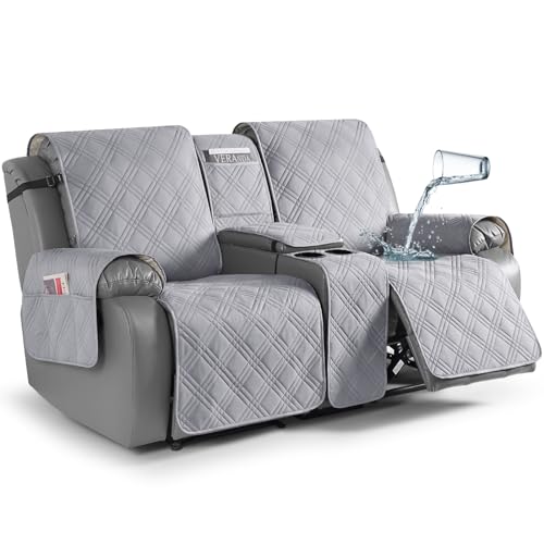 TAOCOCO Recliner Covers with Center Console, Waterproof Recliner Loveseat Cover for Dogs Split Reclining Loveseat Cover Washable Furniture Protector with Elastic Straps (2 Seater, Light Grey) - color: Light Grey, size: 2 Seater