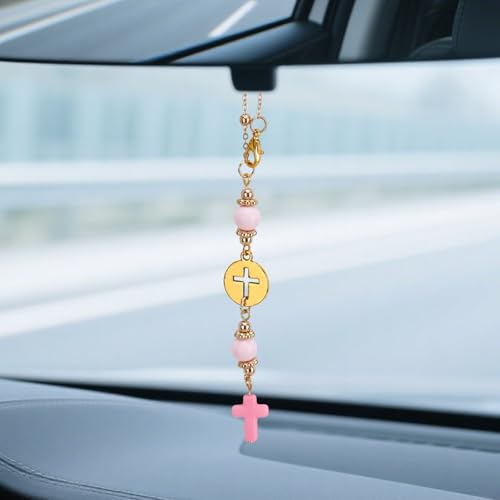 Cross Crystal Car Charm for Rear View Mirror, Cute Boho Car Mirror Hanging Accessories for Women (Pink) - color: Pink