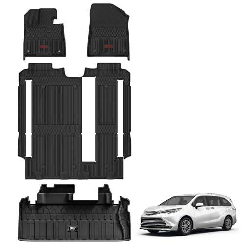 3W Floor Mats&Trunk Mat Fit Toyota Sienna 2021-2026 LE/XLE(Only for 8 Seat), TPE All Weather Custom Fit Floor Liner for Sienna 1st, 2nd and 3rd Row &Cargo Liner, Black with Red Accent - size: 1. Toyota Sienna 8 Seat|21-26|Full Mats Red Accent
