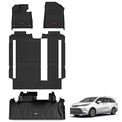 3W Floor Mats&Trunk Mat Fit Toyota Sienna 2021-2026 LE/XLE(Only for 8 Seat), TPE All Weather Custom Fit Floor Liner for Sienna 1st, 2nd and 3rd Row &Cargo Liner, Black with Red Accent - size: 1. Toyota Sienna 8 Seat|21-26|Full Mats Red Accent