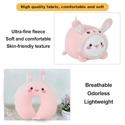 Kids Travel Pillow - 2-in-1 Deformable Kids Neck Pillow for Traveling, Soft U-Shaped Pillow with Adorable Animal Design, Comfy Sleep and Play, Ideal for Airplanes and Traveling (QQ Pink Rabbit) - size: QQ Pink Rabbit