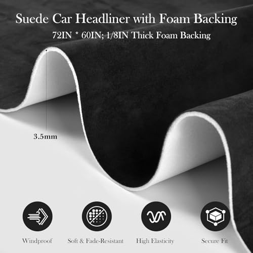 Suede Headliner Fabric for Car Roof 72"x60", 1/8" Foam Backed Black Suede Headliner Material, Soft Touch, Anti-Sag, Soundproof, Flame-Retardant Automotive Upholstery DIY Replacement - color: Black, size: 72"x60"W