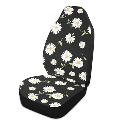 Daisy Car Seat Covers Set of 2,Cute Daisy Flowers Black Design Universal Auto Front Seat Protector Vehicle Seat Cushion Cover for Women Cute Floral Pattern Car Accessories Fit for Car Truck - color: White