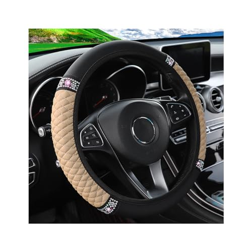 Osilly Bling Car Steering Wheel Cover, 15 Inch Rhinestones Soft Leather Elastic Steering Wheel Protector, Sparkly Crystal Diamond for Women Girls (Beige) - color: Beige