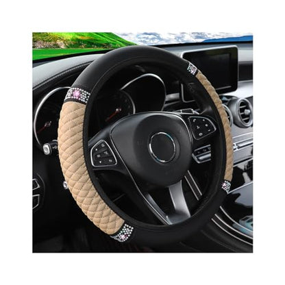 Osilly Bling Car Steering Wheel Cover, 15 Inch Rhinestones Soft Leather Elastic Steering Wheel Protector, Sparkly Crystal Diamond for Women Girls (Beige) - color: Beige