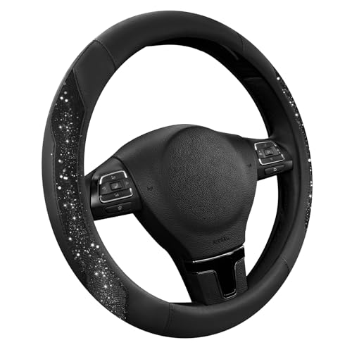 PIC AUTO Steering Wheel Cover, Black Sparkly Crystal Bling Glitter with Leather, Universal Fit 14.5"-15.5" Car Steering Wheels for Girls & Women, Anti-Slip Wheels Cover for Cars, Trucks, Van, SUVs - color: Black Glitter
