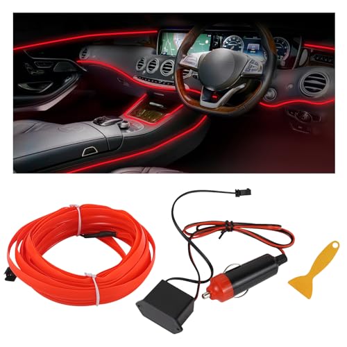 EL Wire Interior Car LED Strip Lights, 16.4FT RGB Cigarette Lighter Neon Automotive Light Strip, Electroluminescent Vehicle Ambient Lighting Kit, Interior Decoration Car Accessories (Red) - color: Red, size: Cigarette Lighter