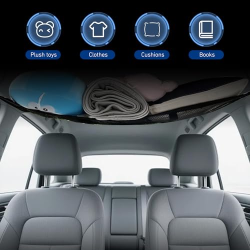 Car Ceiling Cargo Net, 20.87" x 31.49" Snap-on Roof Cargo & Trunk Organizer, Zip Seal Car Roof Storage Net for Road Trips, Universal for Most Cars, SUVs, Trucks (Black)