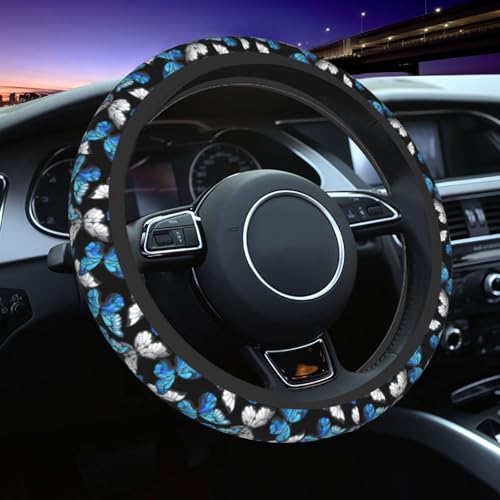 Blue Black Butterfly Steering Wheel Cover, Cute Butterflies Anti-Slip Breathable Car Accessories Interior Elastic Steering Wheel Cover for Men Women Fit Auto, SUV Vans Truck Universal 14.5-15 Inch