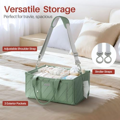 Baby Essentials Diaper Caddy Organizer – Portable Storage Basket with Shoulder Strap & Stroller Hooks, Splashproof Quilted Nursery & Car Tote, Gender Neutral Gifts for Baby Shower, Sage Green