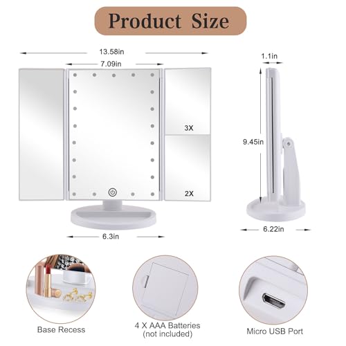 Tri-fold Lighted Vanity Makeup Mirror with 3x/2x Magnification,Light up Mirror for Makeup,Touch Screen 21 LEDs,180° Rotation Countertop Cosmetic Mirror,Gifts for Women Mom Teen Girls