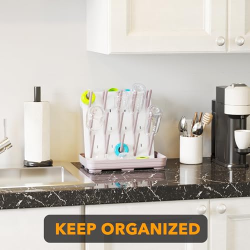 SpaceAid Baby Bottle Drying Rack with 20 Hooks, Space Saving Kitchen Bottles Rack Dryer, Vertical Baby Bottle Holder Organizer for Countertop Storage Accessories (White and Taupe)
