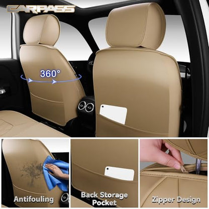 CAR PASS Luxury Nappa Leather Seat Covers Full Set, 3D Rhombus Waterproof Faux Leather Seat Covers, Universal Automotive Seat Cushion Fit for Most Sedan SUV Truck Van, Armrest Airbag Compatible Beige - color: beige