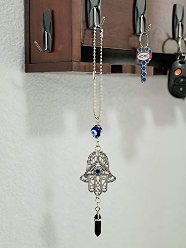 LUCKBOOSTIUM Hamsa Protection Amulet with Evil Eye – Car Hanging Ornament, Rearview Mirror Charm, Black Stone Good Luck Symbol, Positive Energy & Fortune Gemstone Decoration for Home or Auto (2"x11") - color: Black Stone