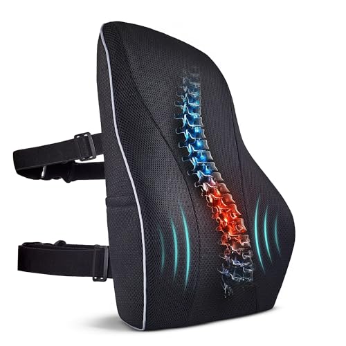 Extra Dense Lumbar Support Pillow with Double Adjustable Straps - Ergonomic Memory Foam Cushion for Office Chair, Car, Couch - Firm Back Support for Lower Back & Spine Pain Relief - color: Black