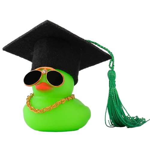 wonuu Car Dashboard Decor Graduation Hat Color Rubber Duck, Car Ducks Ornaments with Mini Graduation Hat Necklace Sunglasses (Green) - color: Green, style: Soild