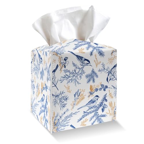 Blue and Gold Flower Bird Tissue Box Cover Holder, Vintage PU Leather Tissue Box Cover with Bottom Belt, Square Facial Paper Organizer for Tabletop, Bathroom, Kitchen, Car & Office -032 - color: Blue and Gold Flower Bird