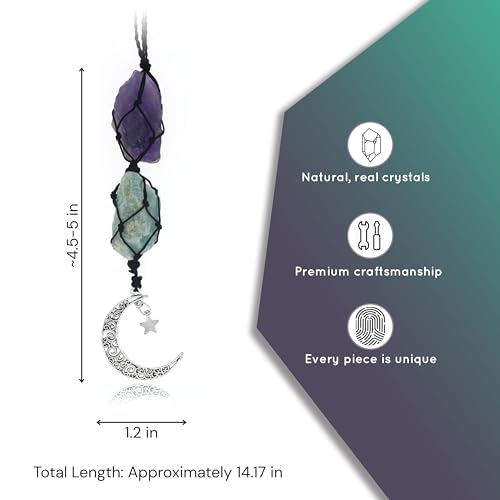 BOHO GARDEN Hanging Car Charm - Amethyst & Amazonite - Dangling Moon & Healing Crystal Accessories, Rearview Mirror Decorations - Balance, Intuition, Spirituality, Self-Love, Honesty, Clarity, Energy