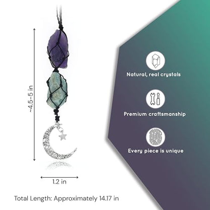BOHO GARDEN Hanging Car Charm - Amethyst & Amazonite - Dangling Moon & Healing Crystal Accessories, Rearview Mirror Decorations - Balance, Intuition, Spirituality, Self-Love, Honesty, Clarity, Energy