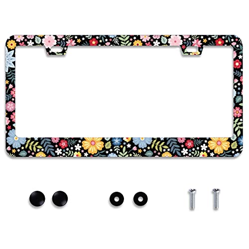 Personalise Colorful Floral Flowers License Plate Frame License Plate Frames Car Universal Stainless Steel Accessories Cars Decor with 2 Holes and Screws Fits Standard US Vehicles Size 12.2 x 6 Inches - color: Retro Colorful Floral Flowers