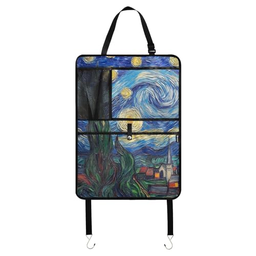 JIPONI Car Backseat Organizer, Van..gogh Starry Automotive Back Seat Protector, Kick Mats with Storage Pockets for Kids Pets, Road Trip Accessories - color: Paris, size: 1 Pack