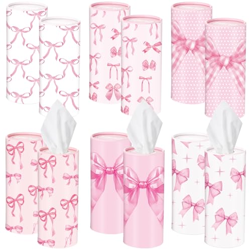 Outus 12 Pcs Bow Car Tissues Cylinder Holder with 3 Ply Facial Tissue Bulk Pink Bow Ribbon Round Tissue Holder Travel Tissues Boxes Container for Car Cup Wedding Birthday Party - style: Bow