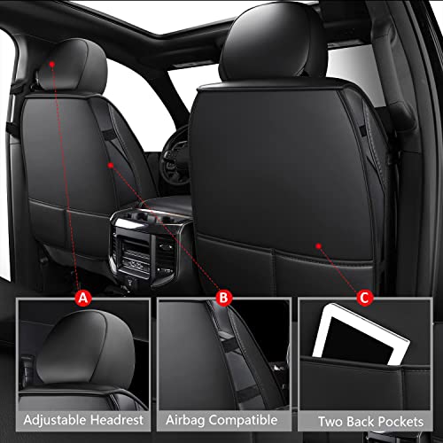 Ram Seat Covers Full Set –Waterproof Truck Seat Covers Leather Car Seat Protector Fits 2009-2026 Ram 1500/2500/3500 Crew Quad Regular Cab Pickup with Split Flat Bench 40/60,Black and Red