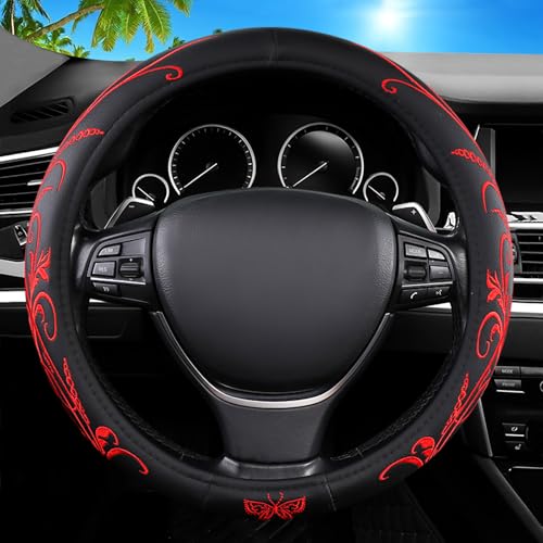 Car Leather Steering Wheel Cover - Panapi Material, Universal 14.5-15 Inch Leather Anti-Slip Breathable Auto Steering Wheel Covers for Men Women (Embroidery-Red) - color: Embroidery-Red