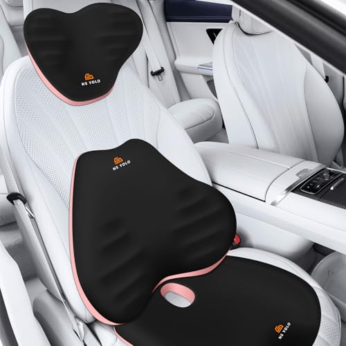 Ergonomic Car Seat Cushion with Comfort Memory Foam Neck Pillow, Car Pillow,Lumbar Support and Big Size Soft Seat Cushion for Driving Seat,Office Chair and Wheel Chair (Black and Pink-3 pcs) - color: Black and Pink-3 Pcs
