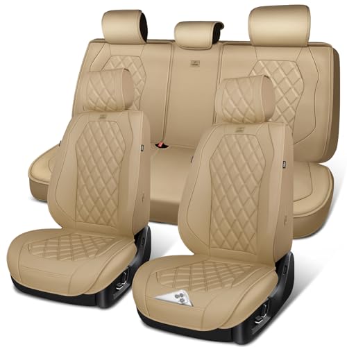 CAR PASS Luxury Nappa Leather Seat Covers Full Set, 3D Rhombus Waterproof Faux Leather Seat Covers, Universal Automotive Seat Cushion Fit for Most Sedan SUV Truck Van, Armrest Airbag Compatible Beige - color: beige