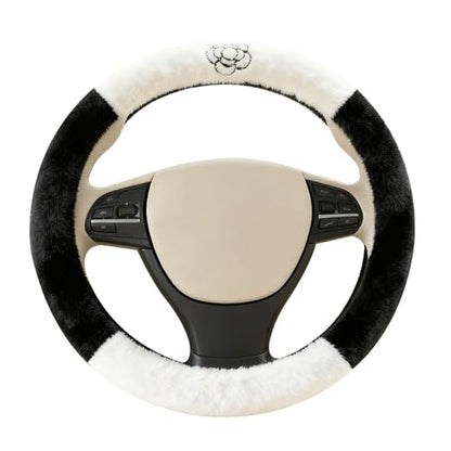Camellia Flower Plush Steering Wheel Cover, Universal 14.5-15 Inch Winter Plush Warm Steering Wheel Cover, Soft Fluffy, Anti-Slip Design, Soft Texture (Black+White) - color: Camellia Flower