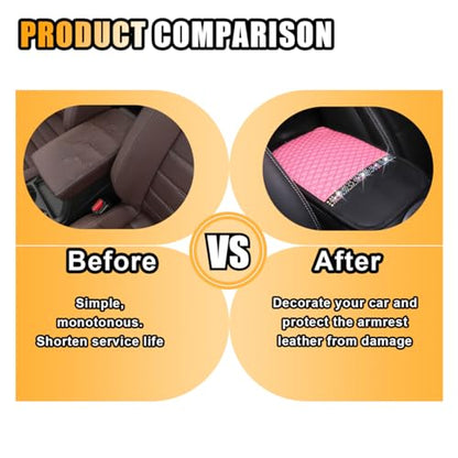 Bling Leather Car Armrest Seat Box Cover, Car Console Armrest Cover with Crystal Rhinestones, Anti-Scratch Waterproof Auto Center Console Protector Cushion Pad for Car SUV Truck (Pink) - color: Pink