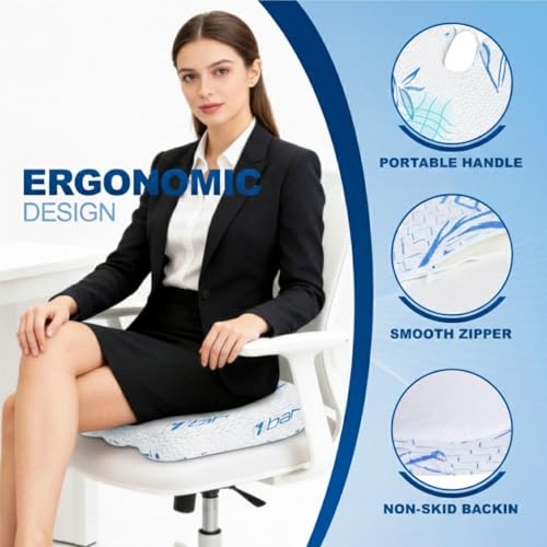 Bamboo Seat Cushion Pillow for Office Chair - Memory Foam Pad for Tailbone, Sciatica, Lower Back Pain Relief, Ergonomic and Non-Slip, Machine Washable Cover (Bamboo, Blue) - color: Blue (Bamboo)