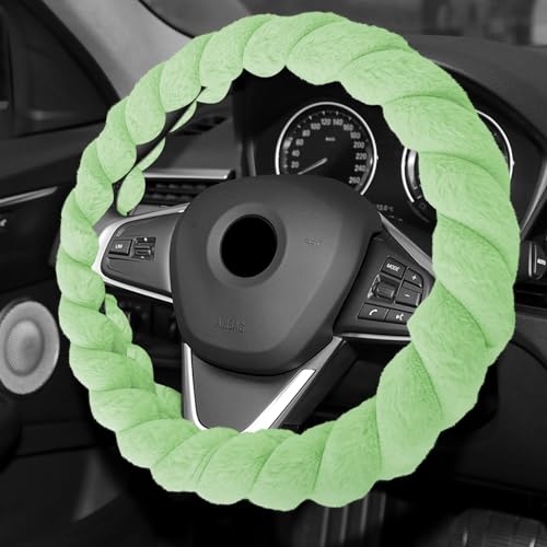 Luxury Fluffy Winter Car Steering Wheel Cover for Women, Steering Wheel Protector, 15" Fluffy Soft Breathable Warm Non-Slip Decoration, Twisted Fur Car Cover for Vehicles (Green, Round) - color: Green, size: Round