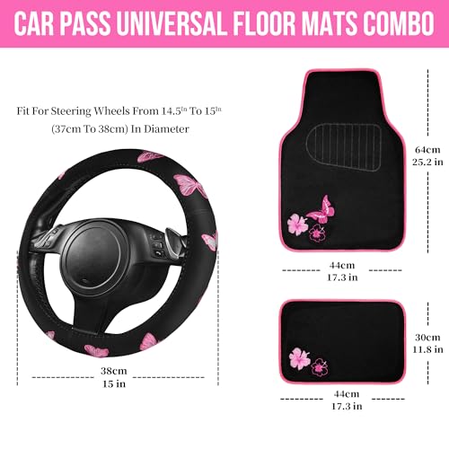 CAR PASS Embroidery Butterfly Steering Wheel Cover and Waterproof Car Floor Mats,Pink Car Mats 14.5-15inch Steering Wheel Covers Universal Fit for Cars, Suvs,Sedans,Van,for Women Girl(Black and Pink) - color: Black and Pink Butterfly