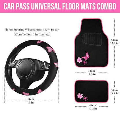 CAR PASS Embroidery Butterfly Steering Wheel Cover and Waterproof Car Floor Mats,Pink Car Mats 14.5-15inch Steering Wheel Covers Universal Fit for Cars, Suvs,Sedans,Van,for Women Girl(Black and Pink) - color: Black and Pink Butterfly
