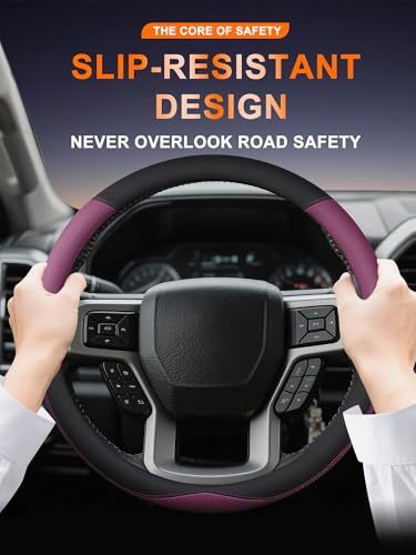 Leather Steering Wheel Cover for Ford F150/F250/F350, 15.5-16 Inch Truck Steering Wheel Grip, Breathable & Anti-Slip, Premium Semi Car Accessories (Purple) - color: Purple