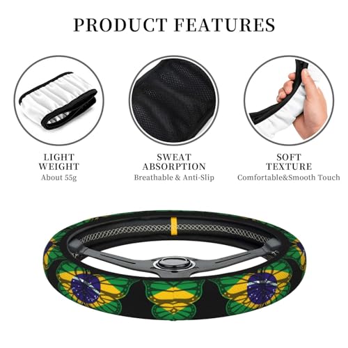 Butterfly Brazilian Flag Breathable Neoprene Steering Wheel Cover - Anti-Slip Floral Design Universal Fit for Cars/Trucks/Suvs (14.5"-15" Inch) - color: Butterfly Brazilian Flag