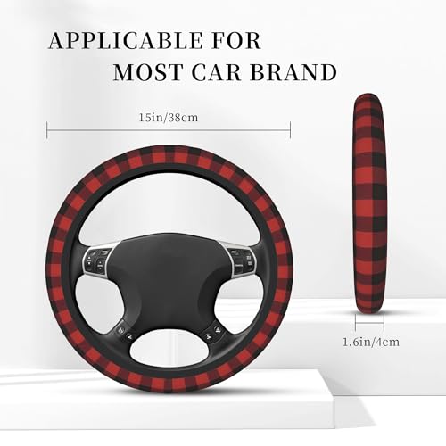 Red Buffalo Plaid Steering Wheel Cover for Men Women Auto Accessories Universal 15 Inch Anti-Slip Breathable Car Wheel Protector Covers - color: Rustic Red Black Buffalo Check Plaid Pattern